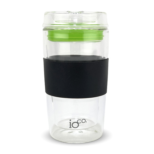 IOco 12oz Reusable Glass Coffee Travel Cup  - Black | Apple Green Seal