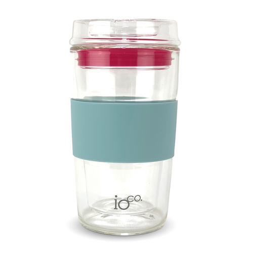 IOco 12oz Reusable Glass Coffee Travel Cup  - Ocean Blue | Hot Pink Seal