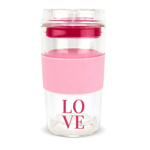 LOVE- LIMITED EDITION - IOco 12oz Reusable Glass Coffee Travel Cup - Marshmallow Hearts | Hot Pink Seal with LOVE