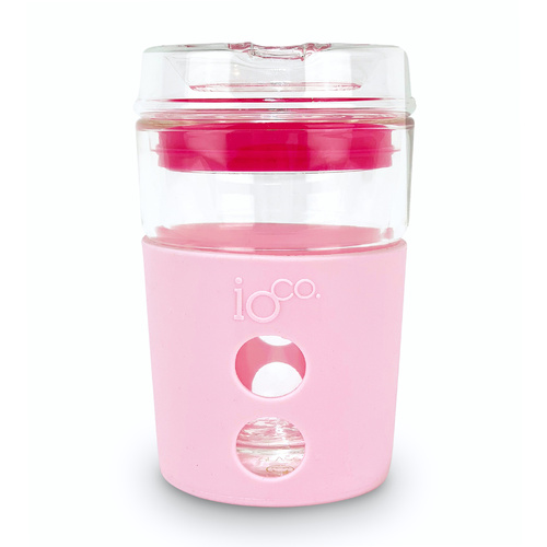 IOco 8oz Eco Glass Coffee Travel Cup - Sweet Marshmallow | Hot Pink Seal.