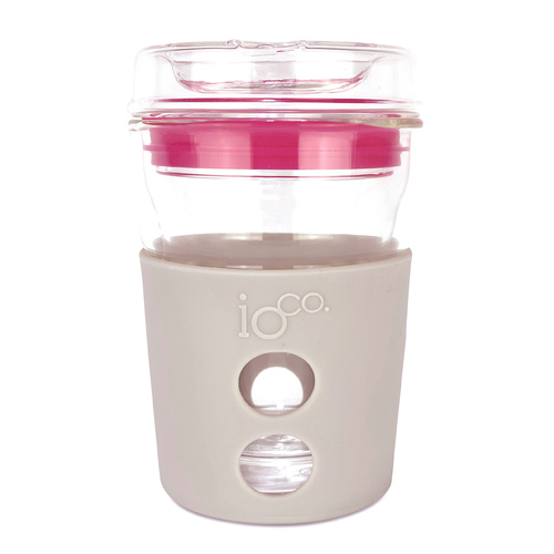 IOco 8oz Eco Glass Coffee Travel Cup - Warm Latte | Hot Pink Seal