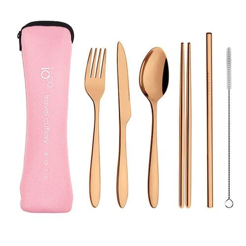 IOco re-use Stainless Steel Travel Cutlery Set of 6- Rose Gold Cutlery | Pale Pink Case