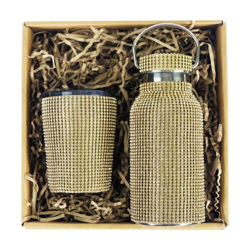 IOco Gift Pack For Her  - Gold Diamanté Water Bottle 350ml and Travel Cup 8oz