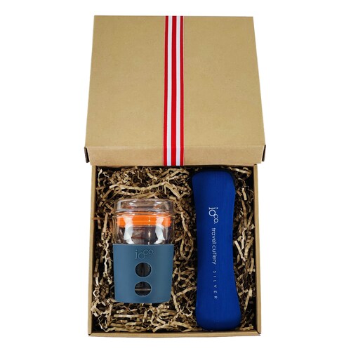 Gift Pack For Men - 8oz Midnight Blue Traveller | Blue Stainless Steel Travel Cutlery