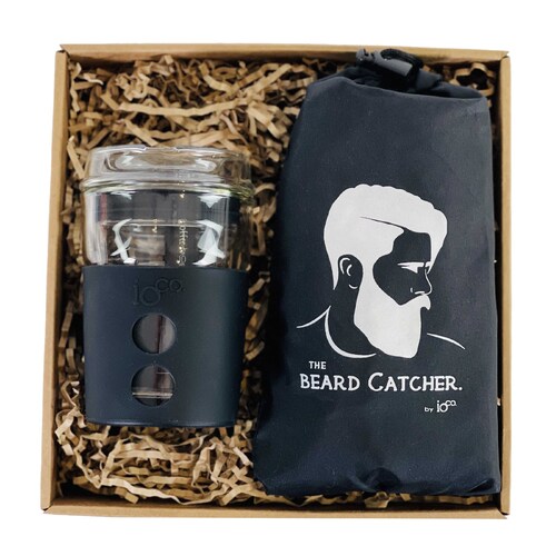 Gift Pack For Men - IOco 8oz Glass Coffee Traveller - Black | Bamboo Beard Catcher
