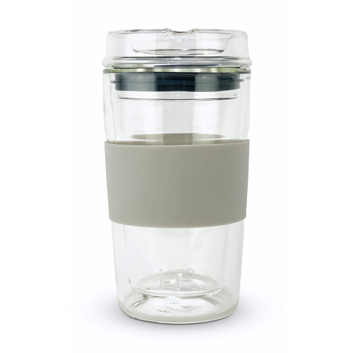 IOco 12oz Reusable Glass Coffee Travel Cup  - Warm Latte | Midnight Blue Seal