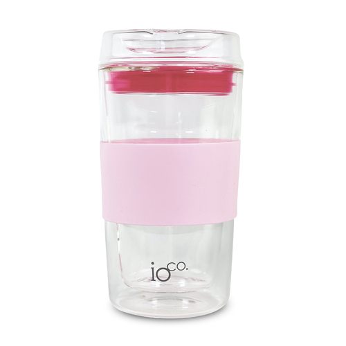 IOco 12oz Reusable Glass Coffee Travel Cup  - Marshmallow | Hot Pink Seal