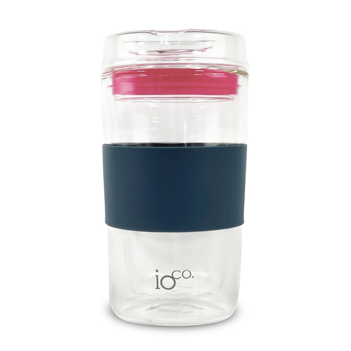 IOco 12oz Reusable Glass Coffee Travel Cup  - Midnight Blue | Hot Pink Seal