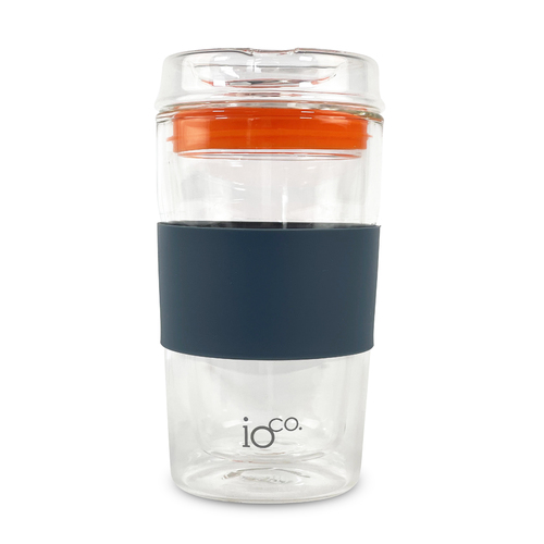 IOco 12oz ALL GLASS Tea and Coffee Traveller - Denim | Kumquat Orange Seal