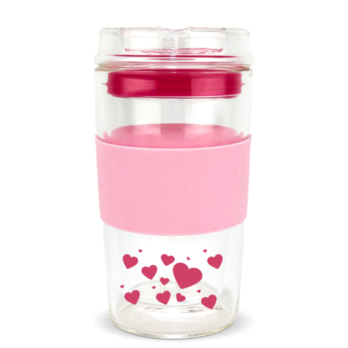VALENTINE'S DAY LIMITED EDITION - IOco 12oz ALL GLASS Tea and Coffee Traveller - Marshmallow | Hot Pink Seal with Hearts