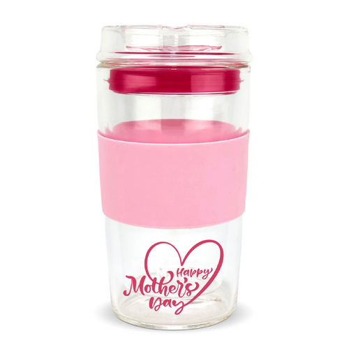 MOTHER'S DAY LIMITED EDITION - IOco 12oz Reusable Glass Coffee Travel Cup - Marshmallow | Hot Pink Seal 