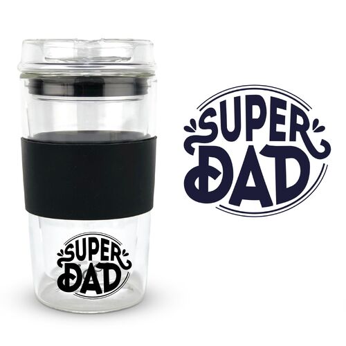 FATHER'S DAY IOco 12oz Glass Coffee Travel Cup (SUPER DAD)  - Black Night