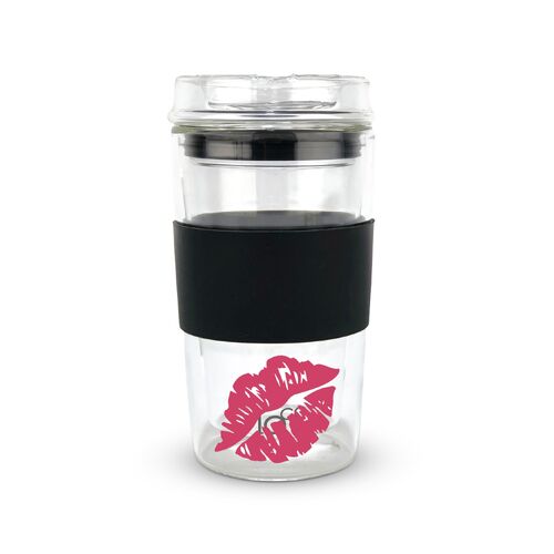 Luscious Lips - LIMITED EDITION - IOco 12oz Reusable Glass Coffee Travel Cup - Black Night