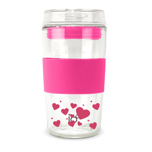 I Heart You - LIMITED EDITION - IOco 12oz Reusable Glass Coffee Travel Cup - Bossy Pink Hearts 