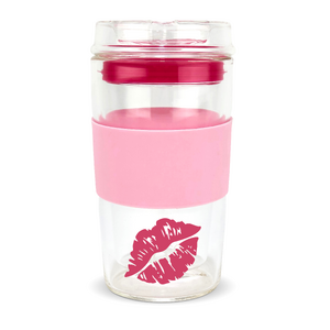Luscious Lips - LIMITED EDITION - IOco 12oz Reusable Glass Coffee Travel Cup - Marshmallow Hearts | Hot Pink Seal with Lips