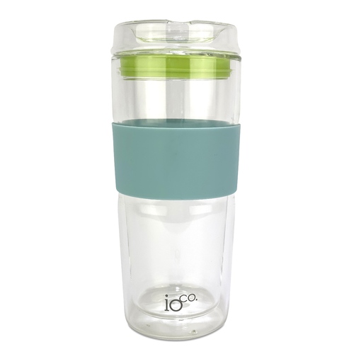 IOco 16oz Glass Tea and Coffee Travel Cup - Ocean Blue | Lime Green Seal