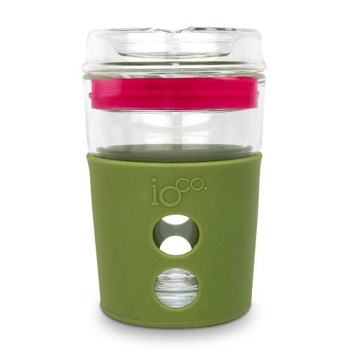 IOco 8oz ALL GLASS Coffee Traveller - Olive Green with Fluro Pink Seal