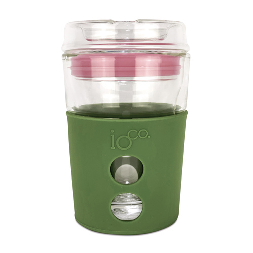 IOco 8oz ALL GLASS Coffee Traveller - Olive Green with Dusty Pink Seal