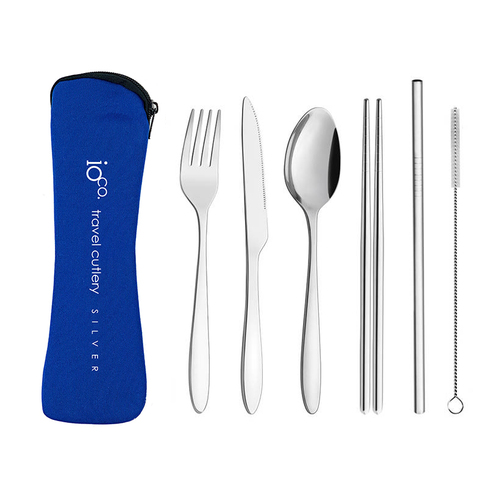 IOco re-use Stainless Steel Travel Cutlery Set of 6 - Silver Cutlery | Navy Case