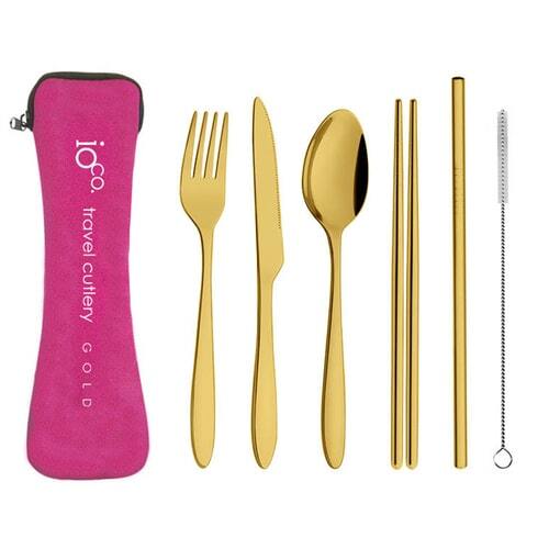 IOco re-use Stainless Steel Travel Cutlery Set of 6- Gold Cutlery | Hot Pink Case