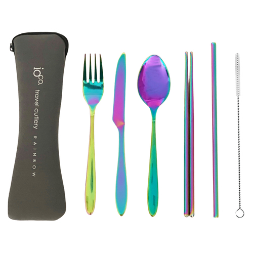 IOco re-use Stainless Steel Travel Cutlery Set of 6- Rainbow Cutlery | Grey Case