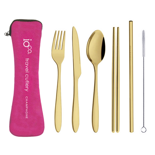 IOco re-use Stainless Steel Travel Cutlery (Set of 6) Champagne Gold Cutlery | Hot Pink Case
