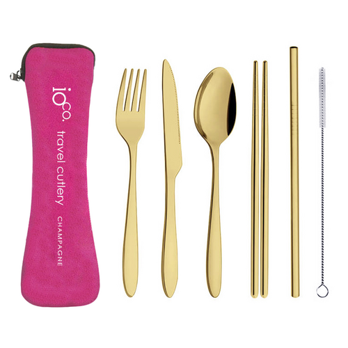 IOco re-use Stainless Steel Travel Cutlery Set of 6- Champagne Gold Cutlery | Hot Pink Case