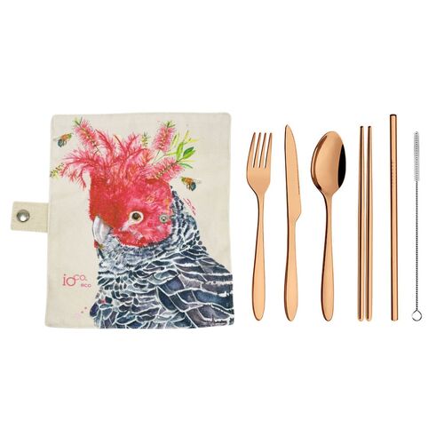 IOco Eco Travel Cutlery Wrap - Gang Gang Cockatoo by Dani Till | Rose Gold Cutlery 