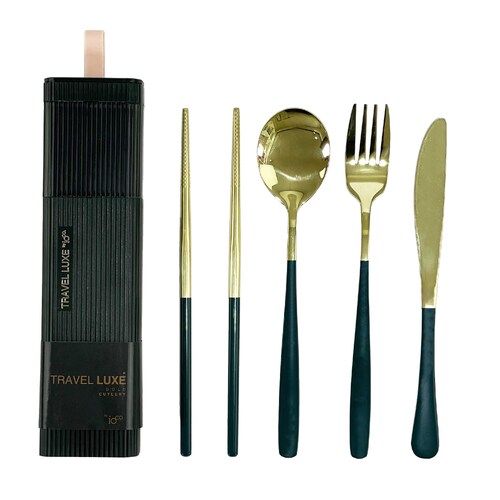 Travel LUXE Cutlery Set |by IOco| - Champagne Gold Cutlery | Forest Green Case